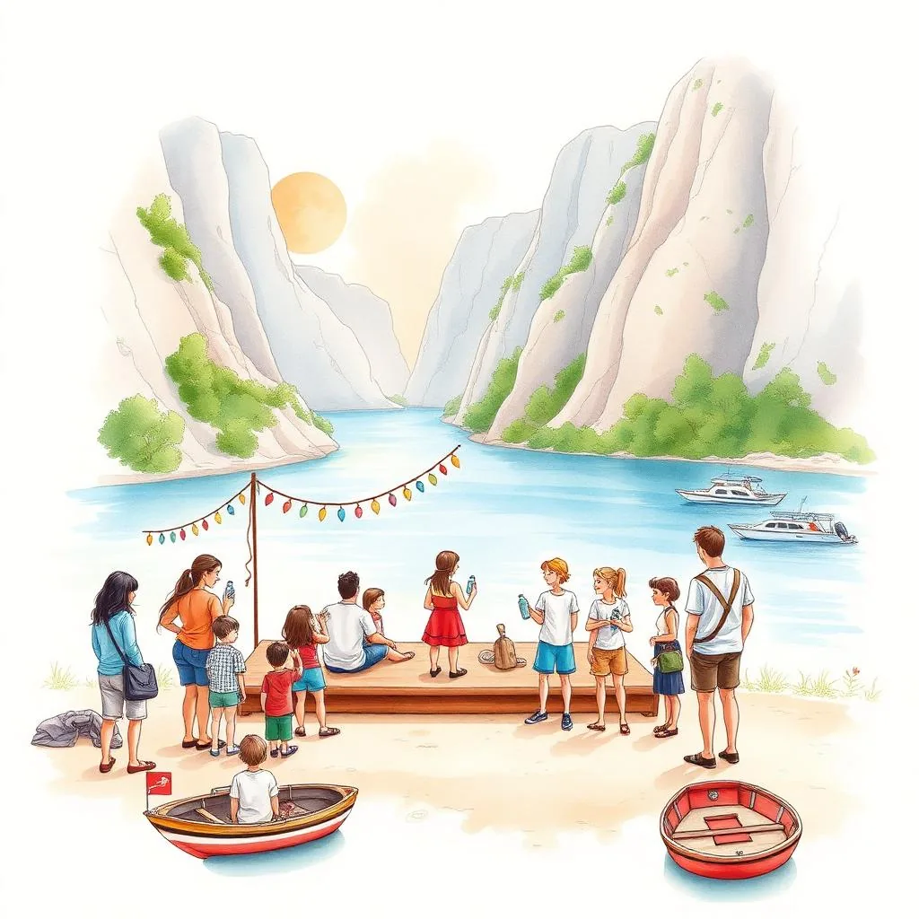 Ilustratie cartoon watercolor — Festivaluri pe Dunăre & sărbători la Cazane