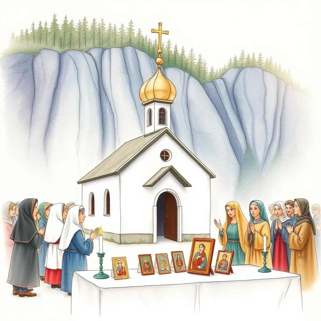 Ilustratie cartoon watercolor — Hramuri și sărbători la mănăstirile Vodița și Mraconia