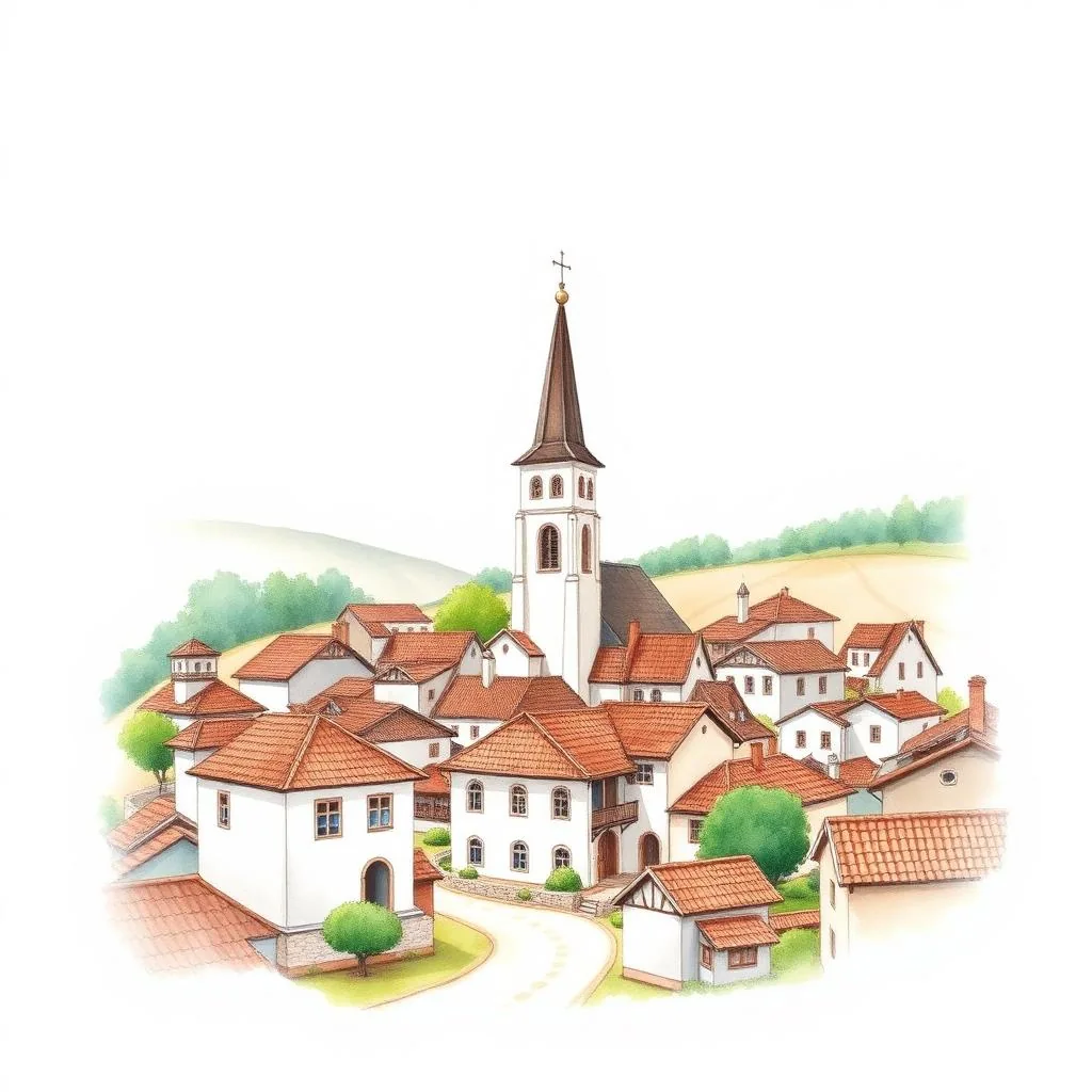 Ilustrație cartoon watercolor — Baia de Aramă, Strehaia, Vânju Mare, Mehedinți