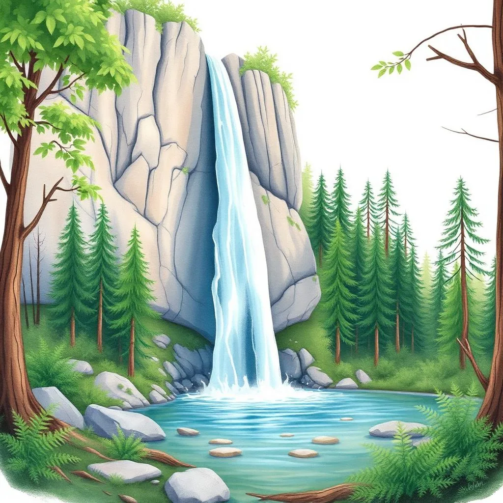 Ilustrație cartoon watercolor — Cascada Vânătarea Ponorului, Mehedinți
