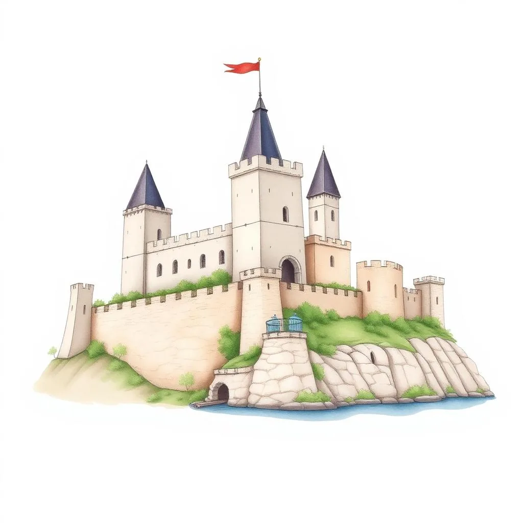Ilustrație cartoon watercolor — Cetatea medievală a Severinului, Mehedinți