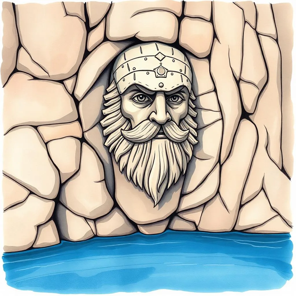 Ilustrație cartoon watercolor — Chipul lui Decebal sculptat în stâncă, Mehedinți