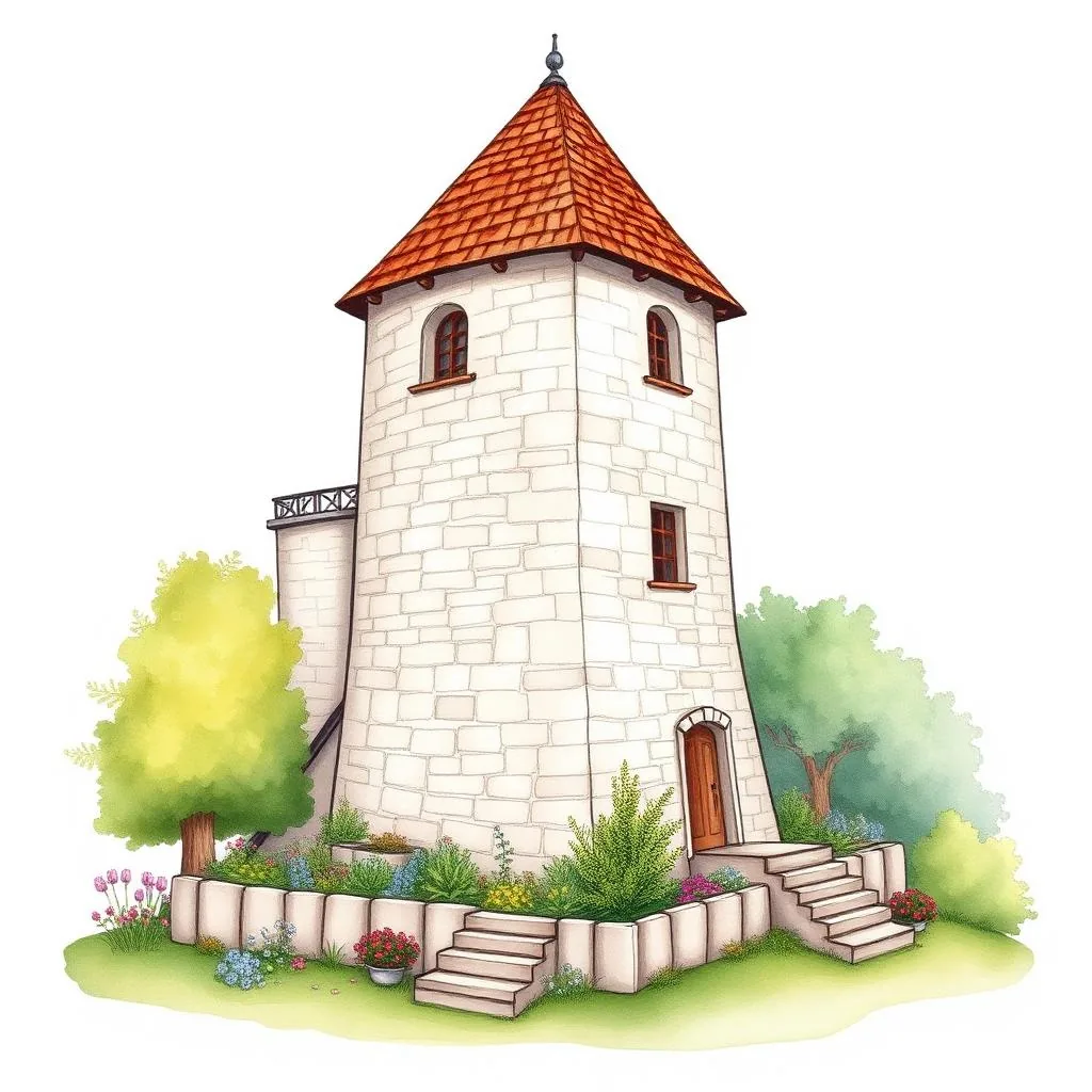 Ilustrație cartoon watercolor — Cula lui Tudor Vladimirescu, Mehedinți