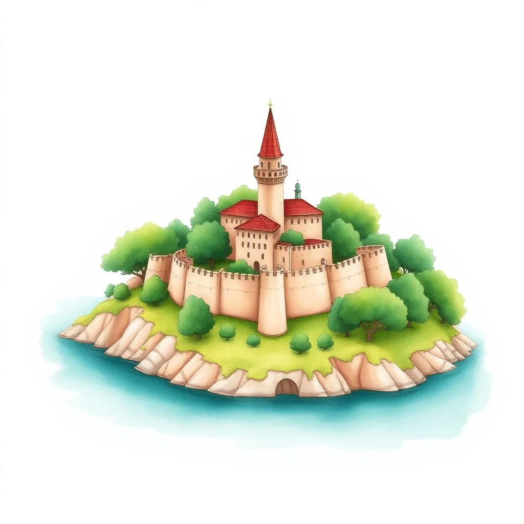 Ilustrație cartoon watercolor — Insula Șimian & vechea Ada-Kaleh, Mehedinți