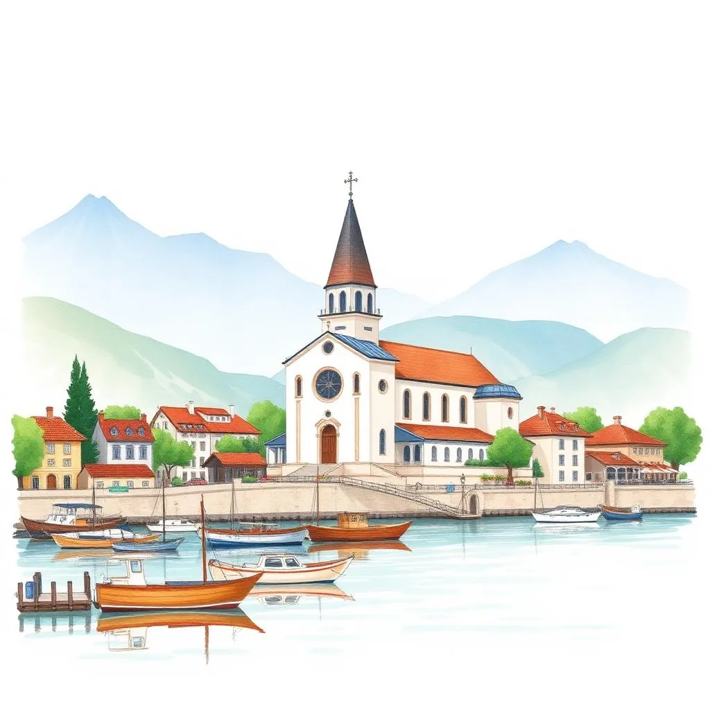 Ilustrație cartoon watercolor — Orșova – portul și biserica catolică modernă, Mehedinți