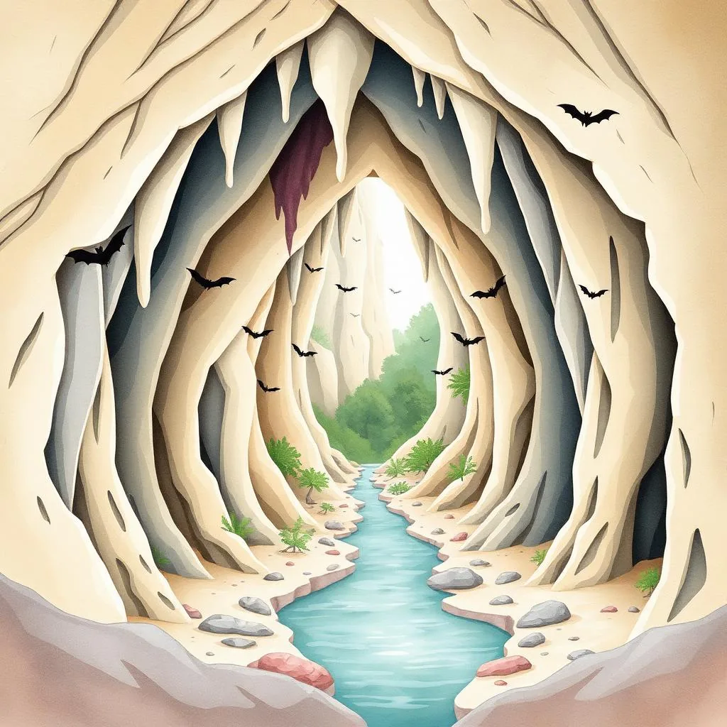 Ilustrație cartoon watercolor — Peștera Topolniței & Cheile Topolniței, Mehedinți