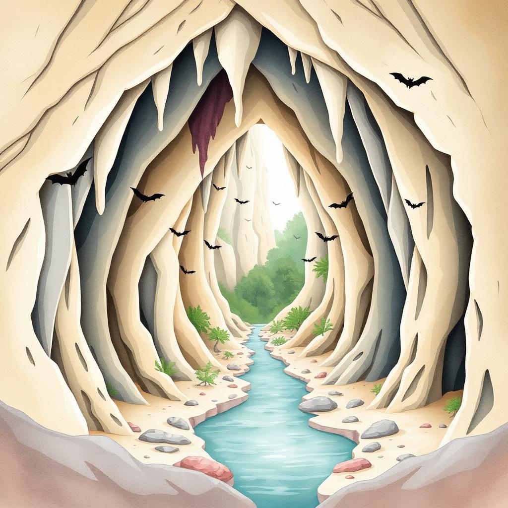 Ilustrație cartoon watercolor — Peștera Topolniței & Cheile Topolniței, Mehedinți